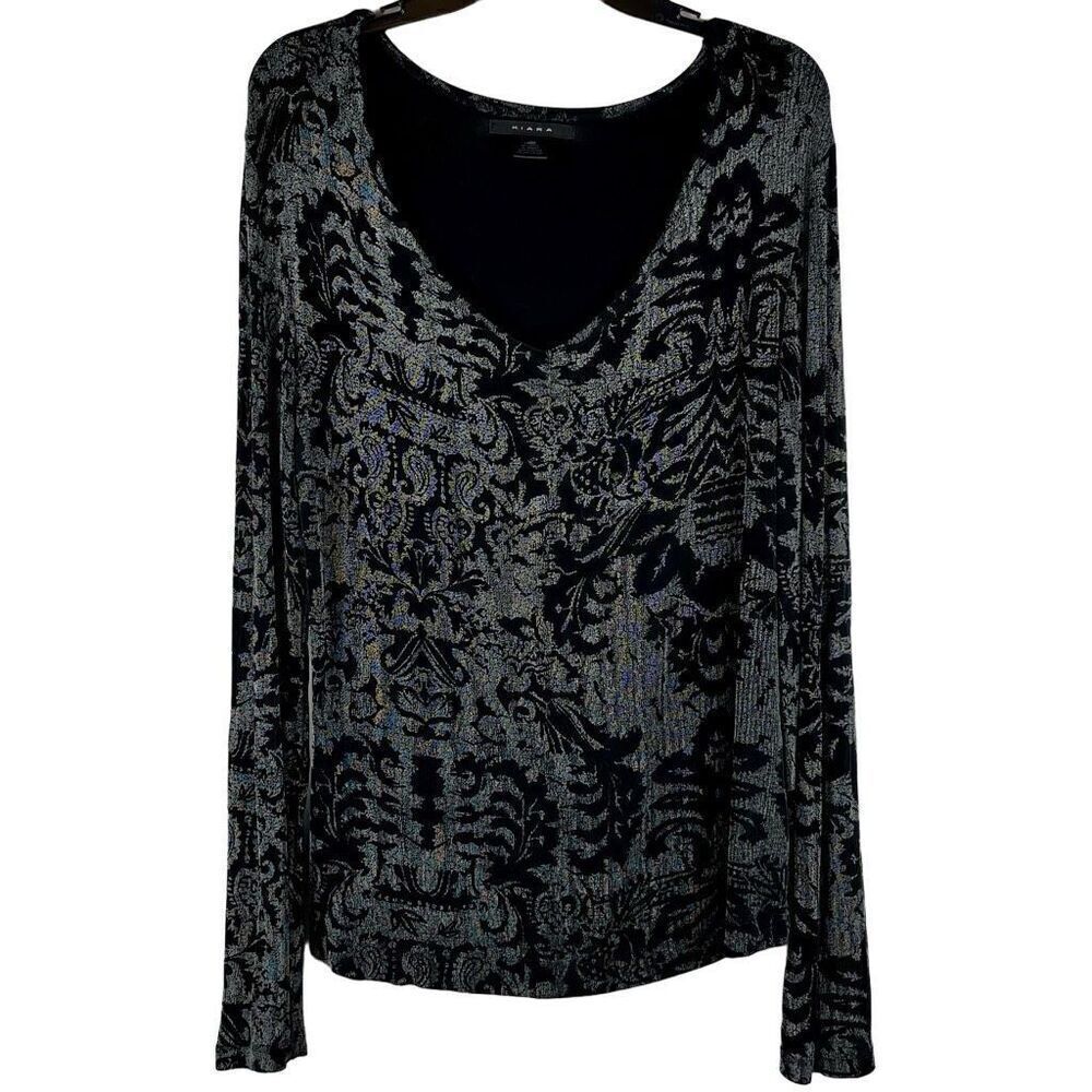 Kiara Floral Stretchy Black Gray V-Neck Travel Blouse Large